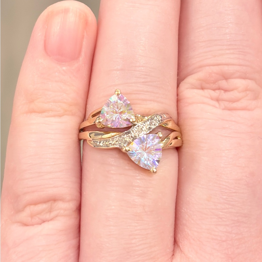 14K Titanium Quartz Diamond Ring Double Trillion Cut Aurora Iridescent 6.25 - Picture 4 of 15
